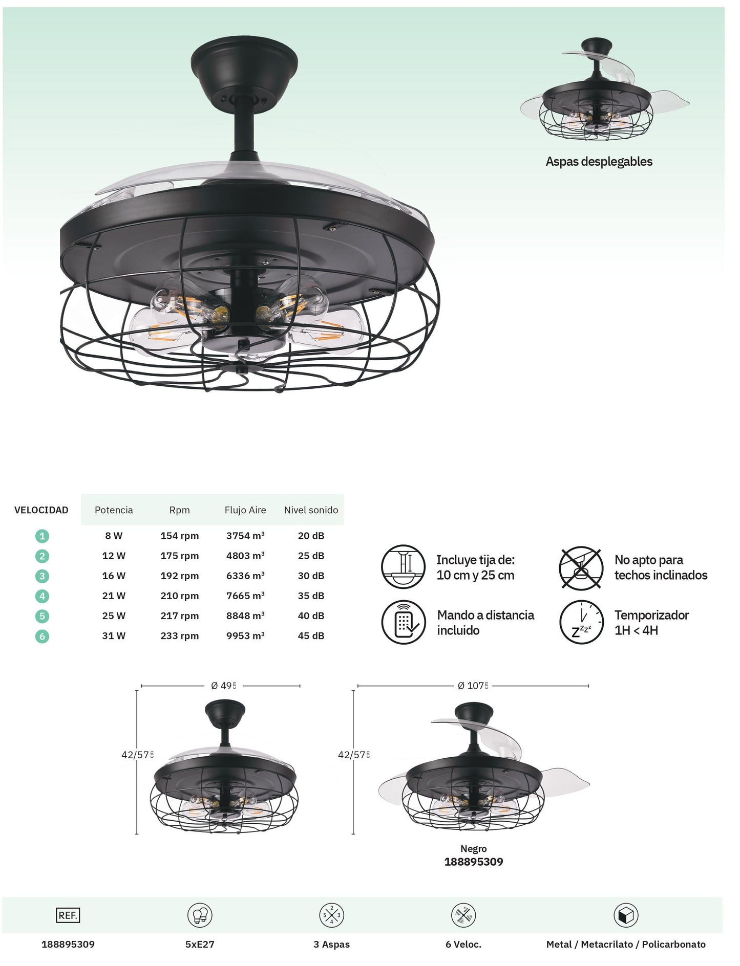 Ventilador de techo aspas retráctiles estilo VINTAGE