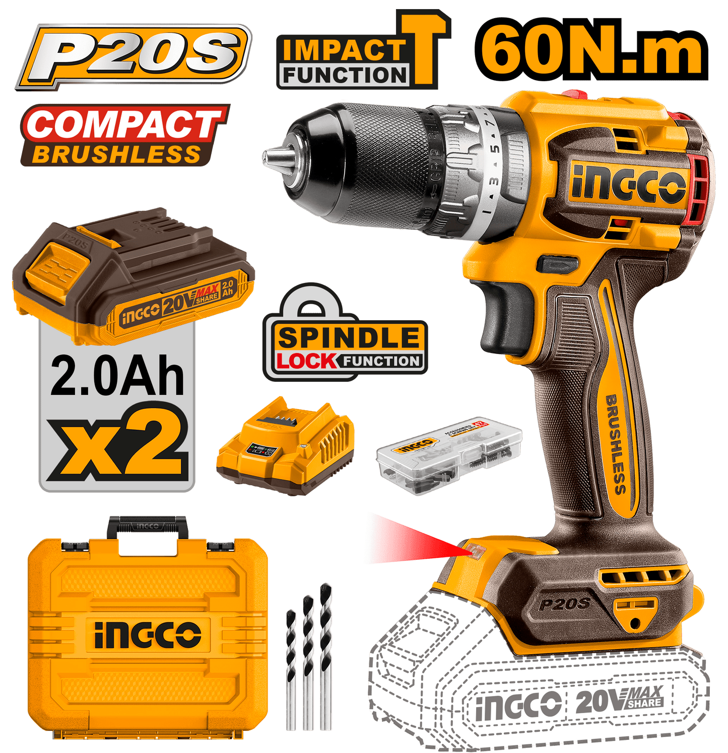 TALADRO ATORN. C/PERCUTOR PROFESIONAL 20V BRUSHLES 60 Nm INGCO