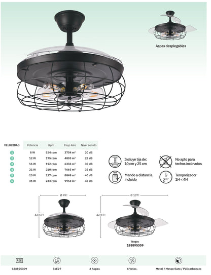 Ventilador de techo aspas retráctiles estilo VINTAGE
